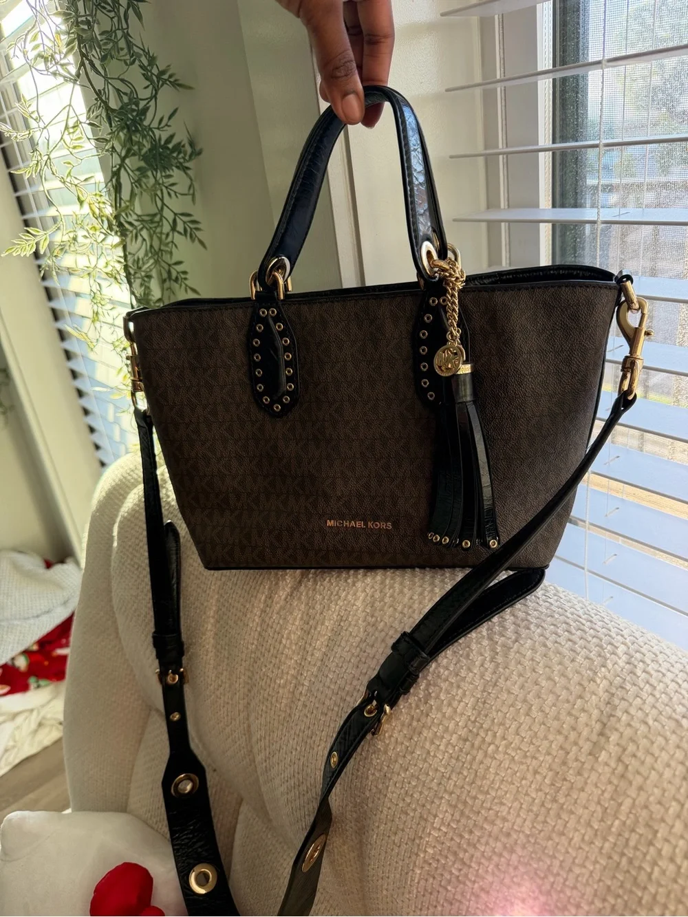 Michael Kors Brown Logo Satchel with Black Trim and Gold Hardware